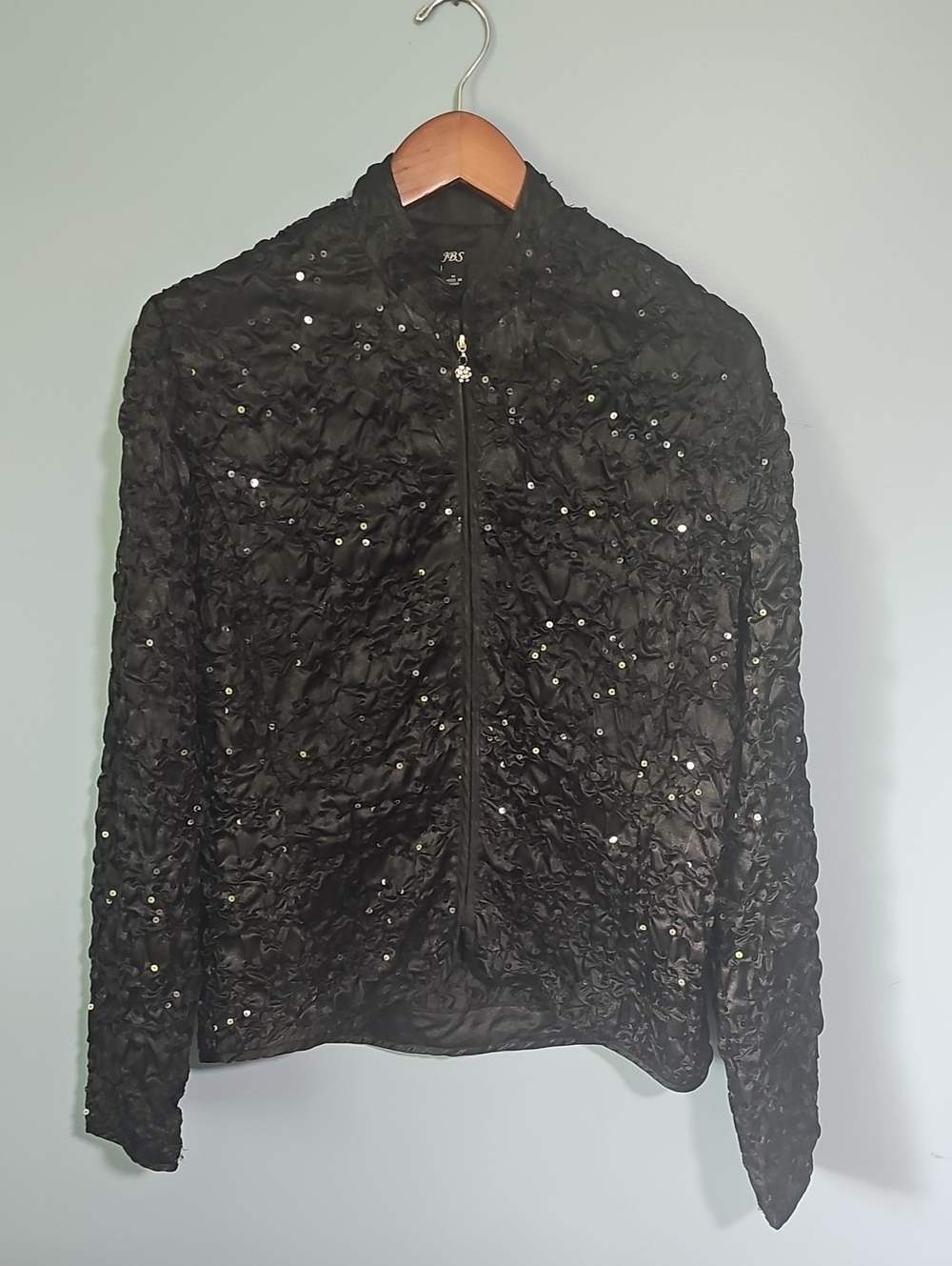 J.B.S. Black Sequin Quilted Bomber Jacket Size Medium